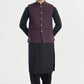 Black Kurta Shalwar with Dark Purple Textured Blended Waistcoat - Straight Cut - Men