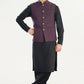 Black Kurta Shalwar with Dark Purple Textured Blended Waistcoat - Straight Cut - Men