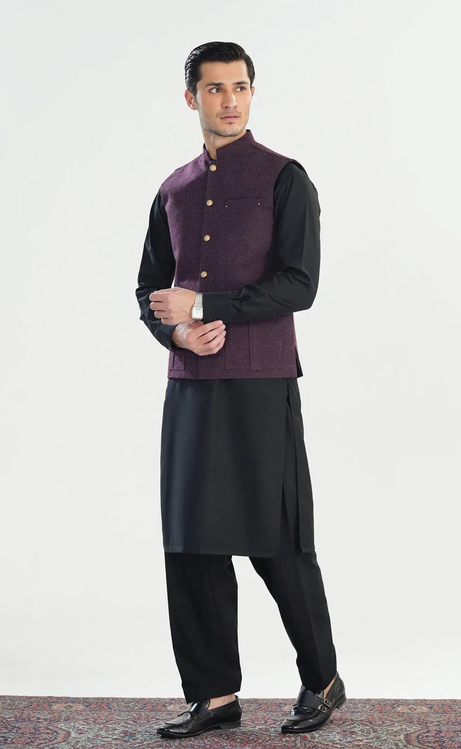 Black Kurta Shalwar with Dark Purple Textured Blended Waistcoat - Straight Cut - Men