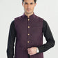 Black Kurta Shalwar with Dark Purple Textured Blended Waistcoat - Straight Cut - Men