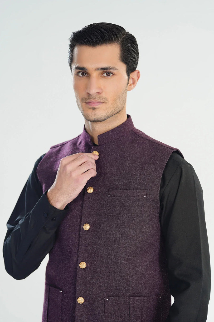 Dark Purple Textured Blended Waistcoat - Straigth Cut - Men