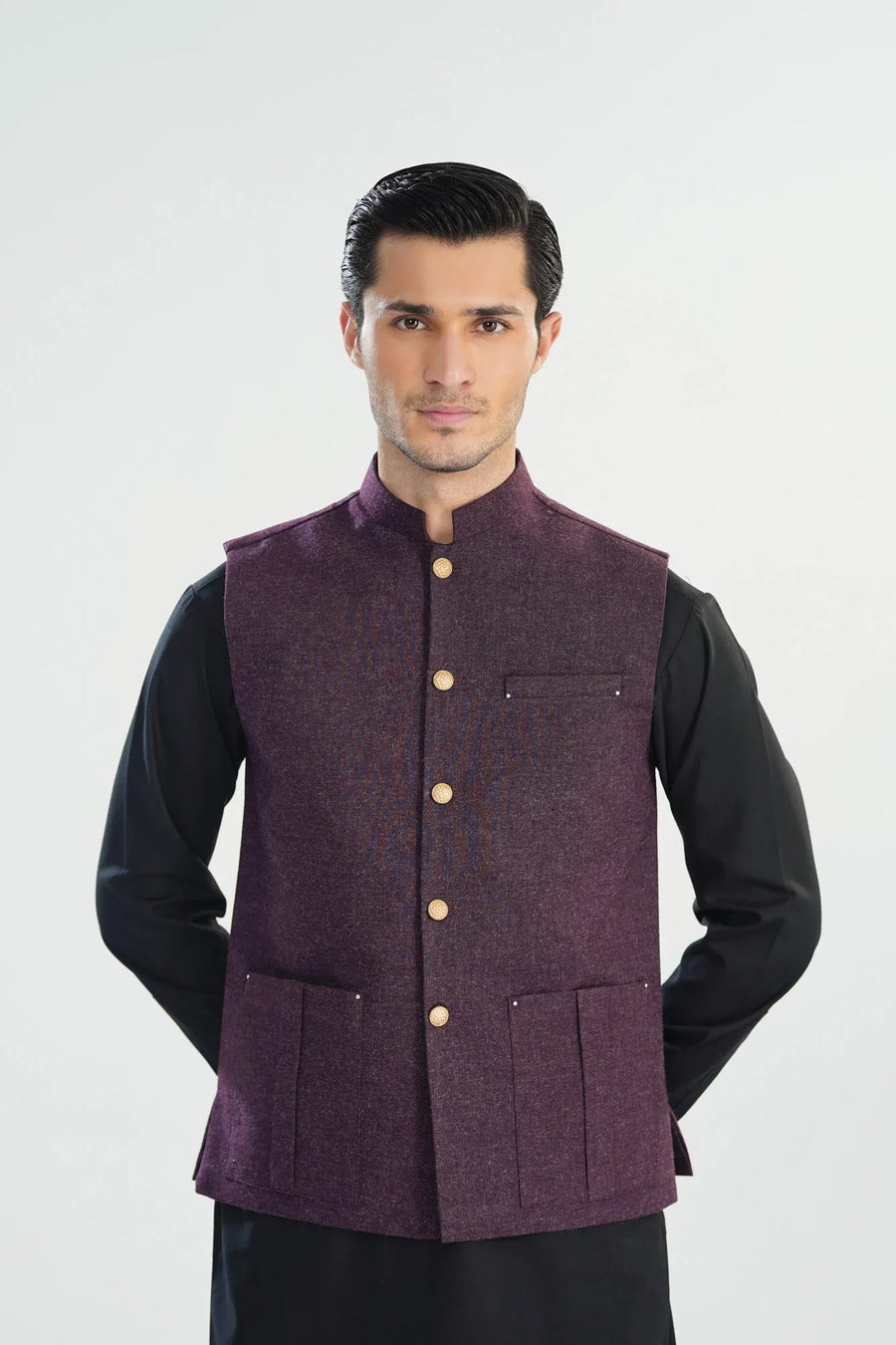 Dark Purple Textured Blended Waistcoat - Straigth Cut - Men