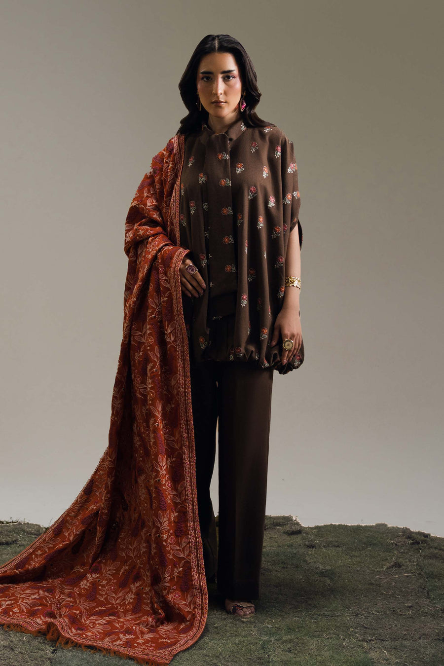 Embroidered Karandi 3 Piece Suit With Wool Shawl - Brown (Unstitched)