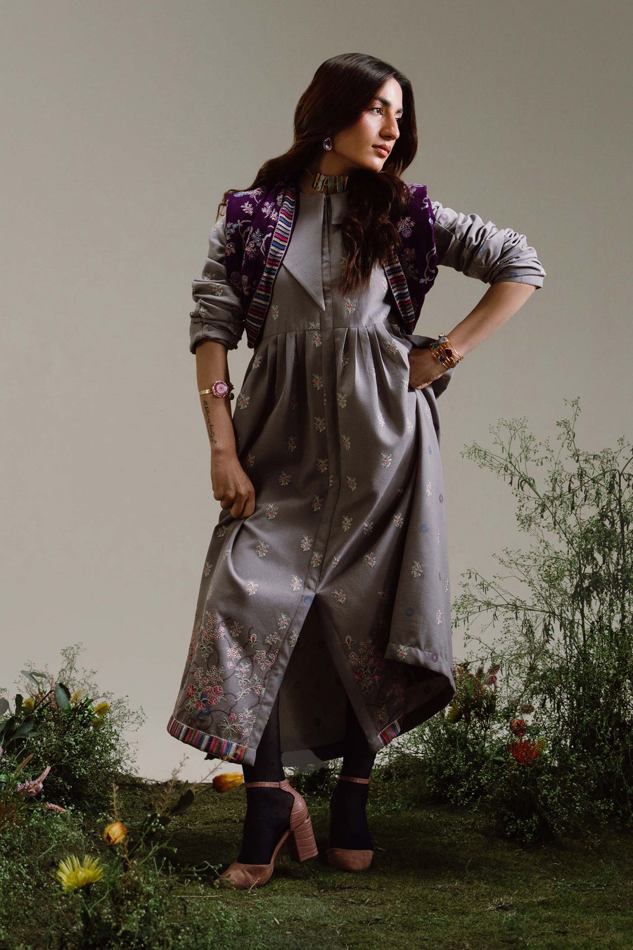 Embroidered Karandi 3 Piece Suit - Grey (Unstitched)