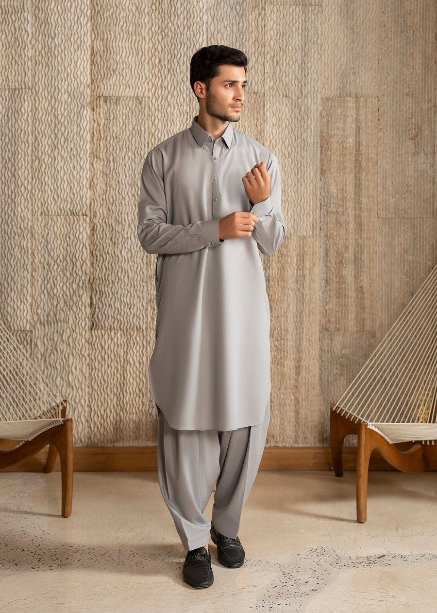 Ash Grey French Collar Kameez Shalwar - Men