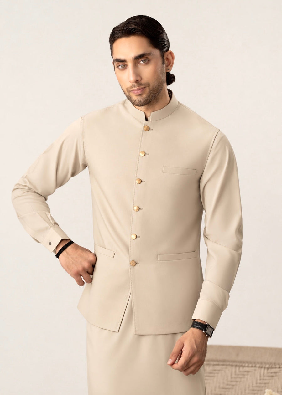 Light Beige Kurta Shalwar with Pick-Stitch Matching Waistcoat - Men