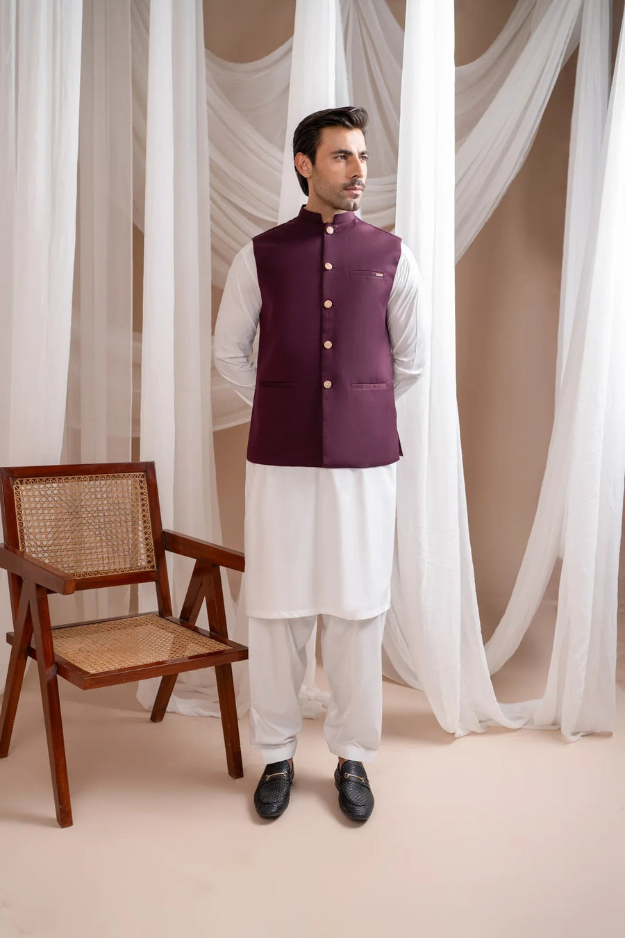 Burgundy Suiting Waistcoat - Straight Cut Buttoned - Men