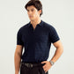 Navy Blue Zipper Cabled Knit Polo - Men