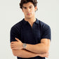 Navy Blue Zipper Cabled Knit Polo - Men