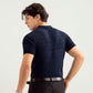 Navy Blue Zipper Cabled Knit Polo - Men
