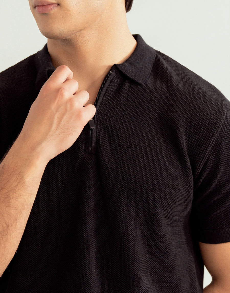 Black Zipper Links Knitted Polo - Men