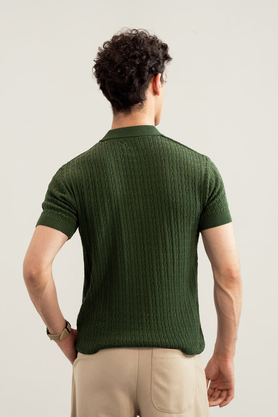 Dark Green Cable Knit Polo - Men