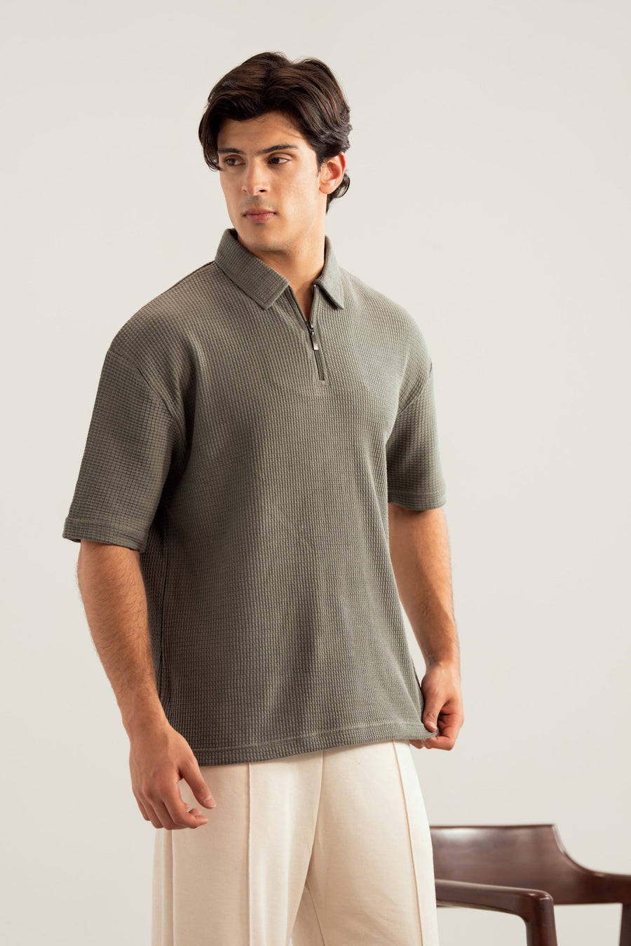 Olive Waffle Zipper Polo - Boxy Fit - Men