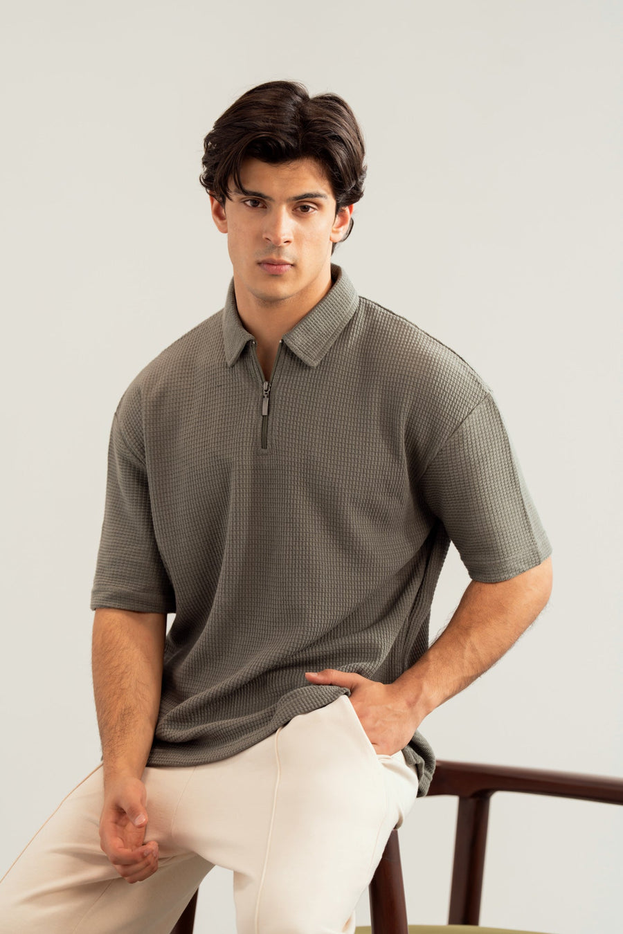 Olive Waffle Zipper Polo - Boxy Fit - Men