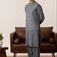 Bluish Grey Kurta Shalwar with Pick-Stitch Matching Waistcoat - Men