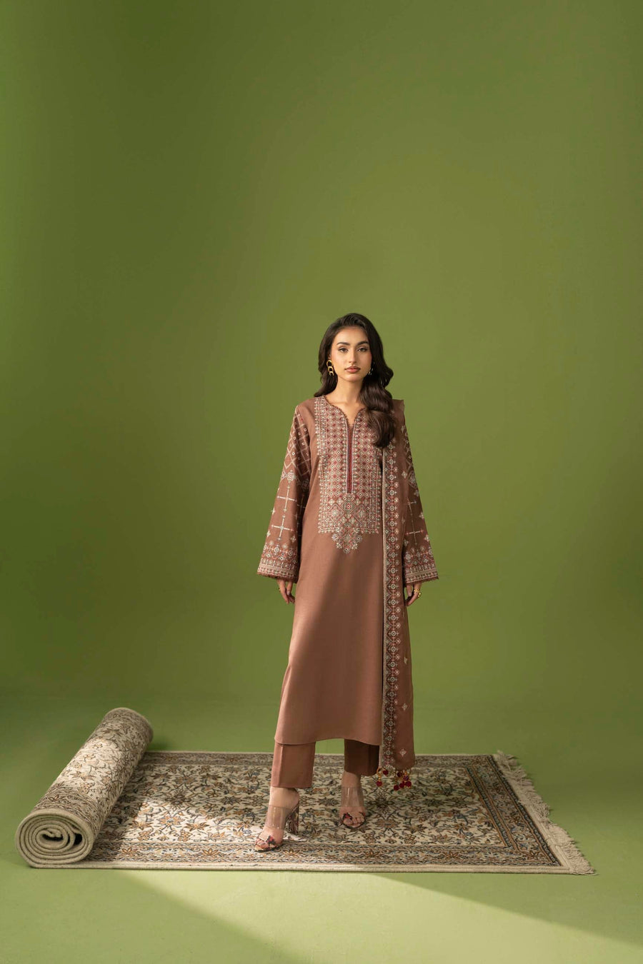 Embroidered Karandi 3 Piece Suit - Brown (Unstitched)