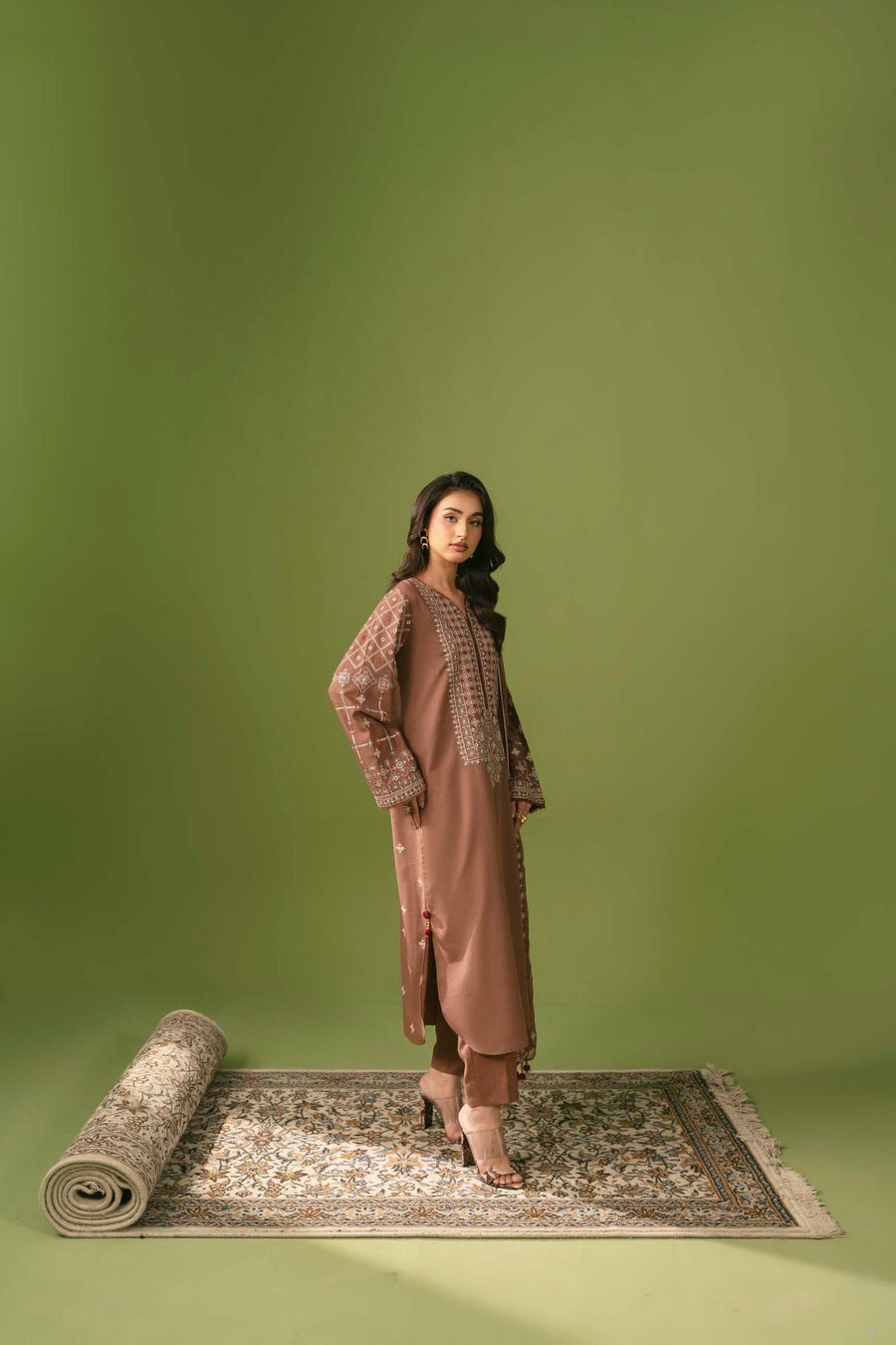 Embroidered Karandi 3 Piece Suit - Brown (Unstitched)