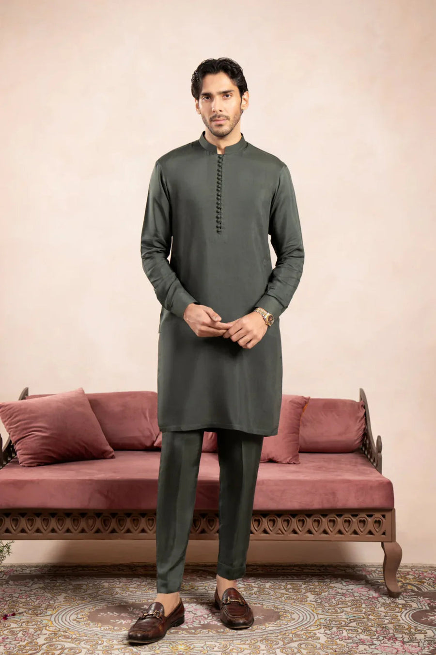 Olive Green Viscose Silk Kurta Trouser - Loop Buttons - Men