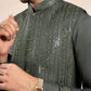 Olive Green Falling Embroidered Waistcoat - Men