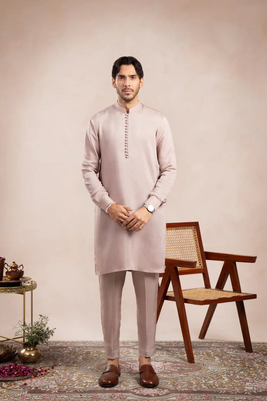 Pink Viscose Silk Kurta Trouser - Loop Buttons - Men