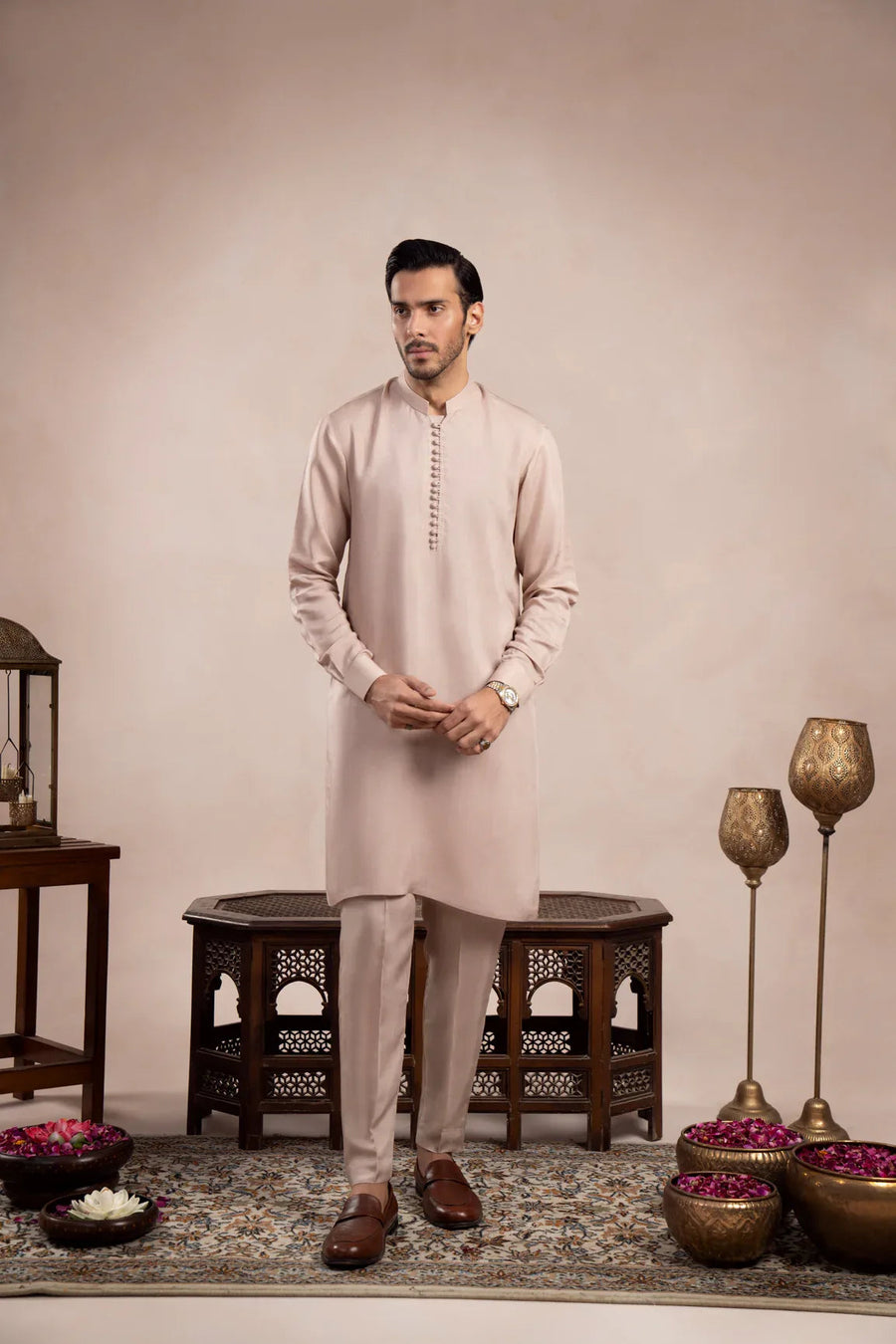 Coffee Beige Viscose Silk Kurta Trouser - Loop Buttons - Men