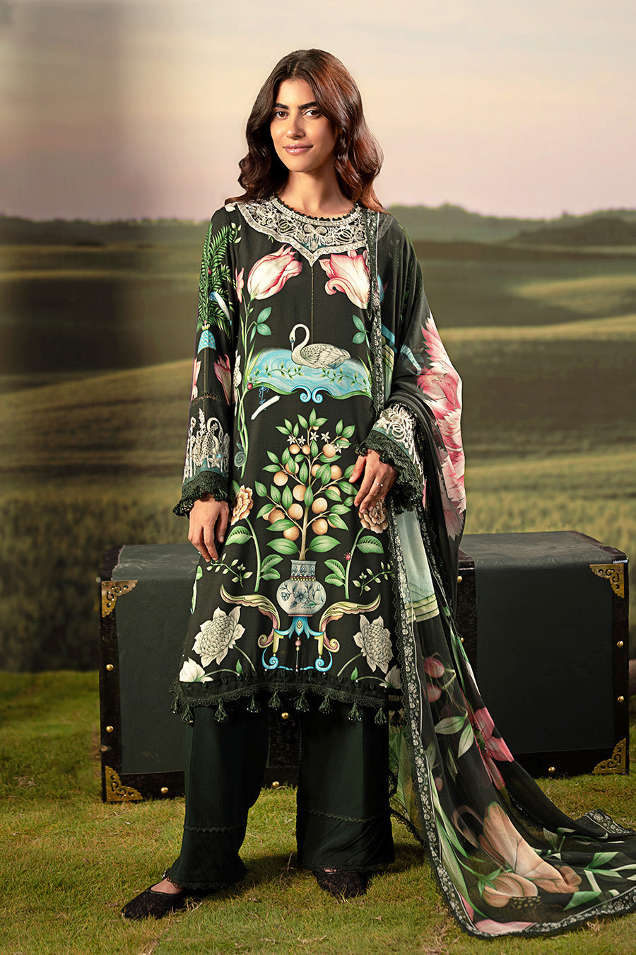 3 Pc Unstitched Embroidered Arabic Lawn Suit | MB-PFUS25-04A