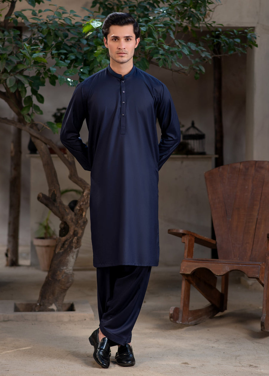 Men's Premium Ban-Embroidered Kameez Shalwar - Navy Blue / Classic Fit.