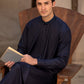Men's Premium Ban-Embroidered Kameez Shalwar - Navy Blue / Classic Fit.
