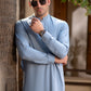 Men's Premium Ban-Embroidered Kameez Shalwar - Sky Blue / Classic Fit.