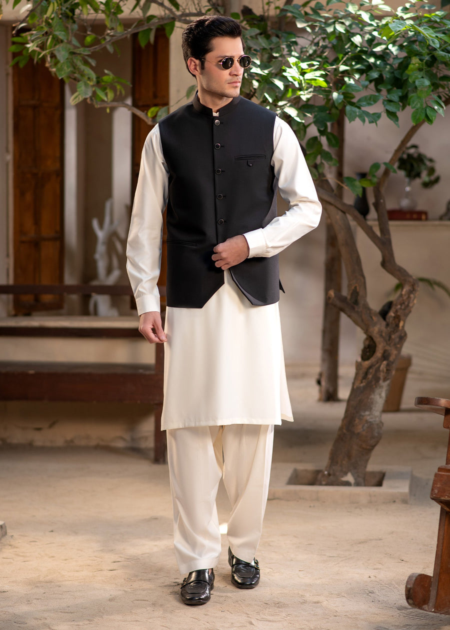 Premium Black Suiting Waistcoat Men's with  two side bone pockets and one welt chest pocket - Classic Fit Mandarin style