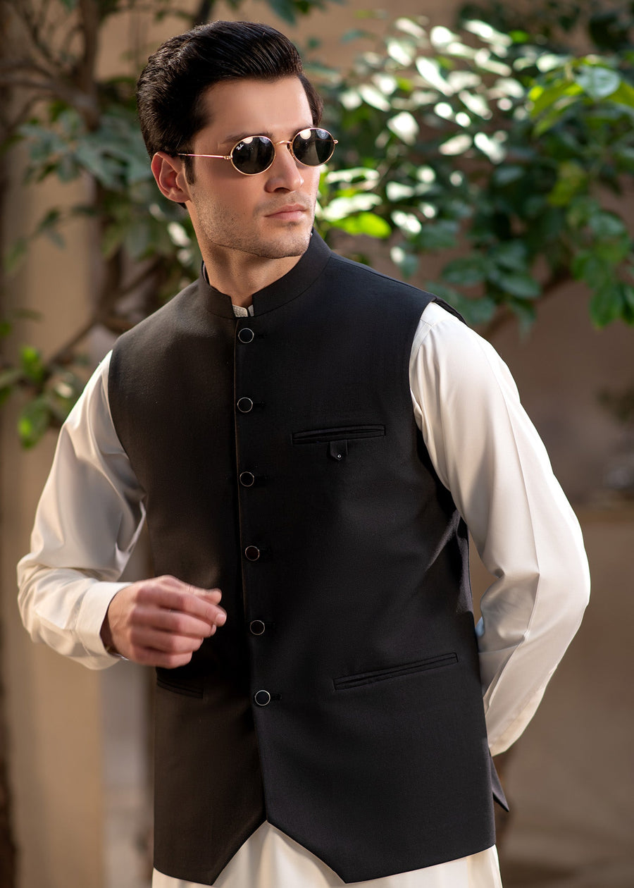 Premium Black Suiting Waistcoat Men's with  two side bone pockets and one welt chest pocket - Classic Fit Mandarin style