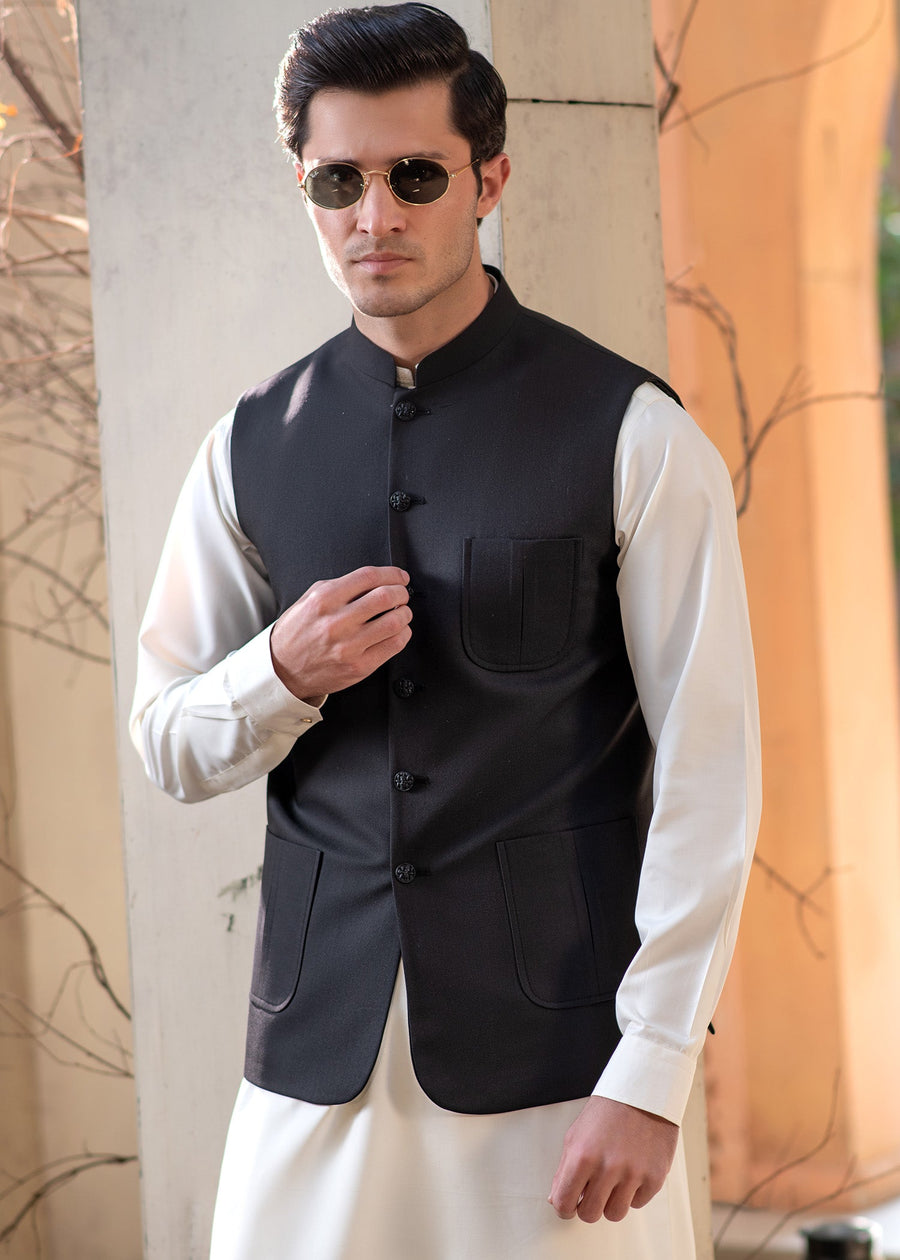 Premium Black Suiting Waistcoat Men's with  two side patch pockets and one welt chest patch pocket - Classic Fit Mandarin style