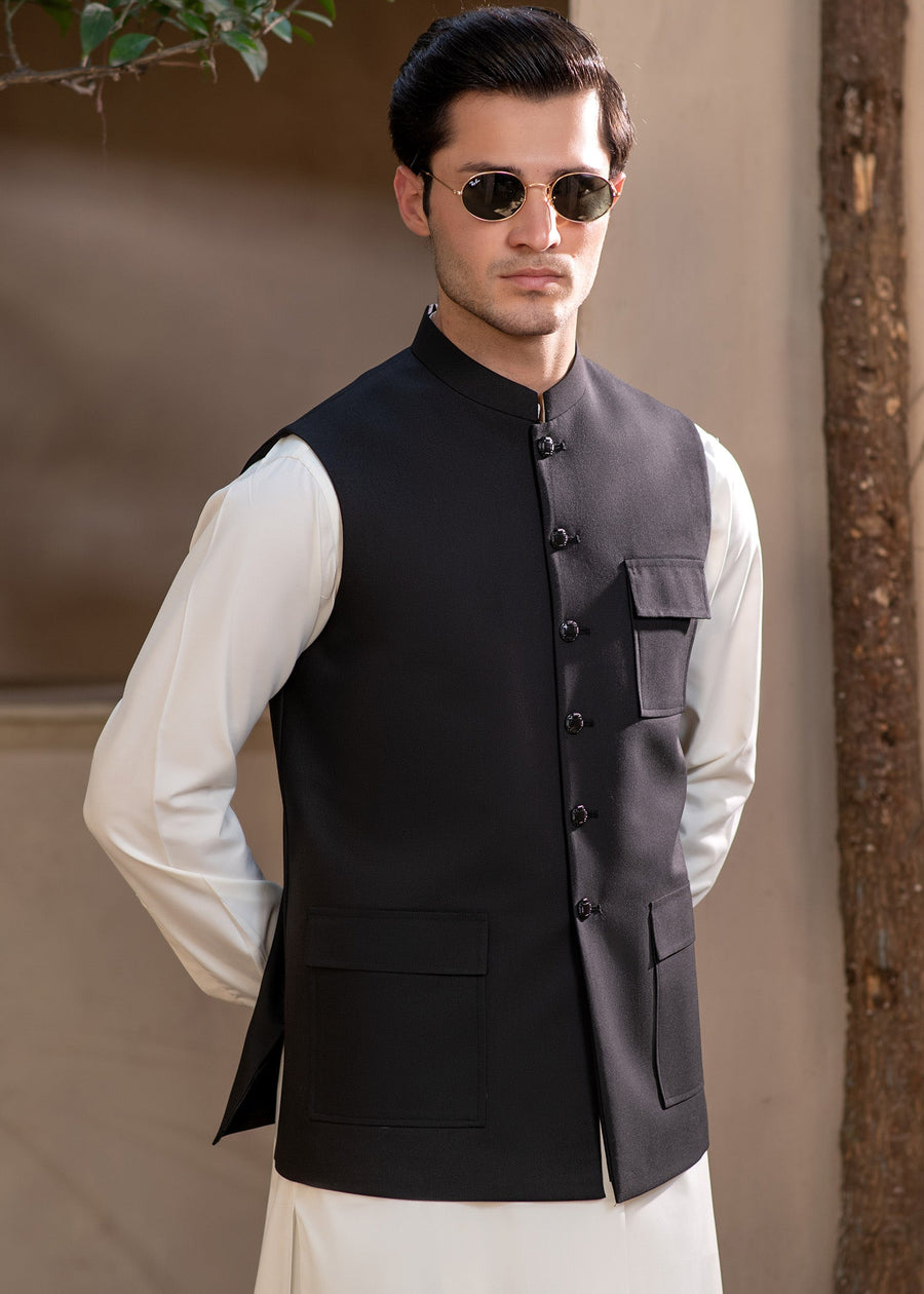 Premium Black Suiting Waistcoat Men's with  two side patch pockets with flaps and one welt chest pockets with flap - Classic Fit Mandarin style