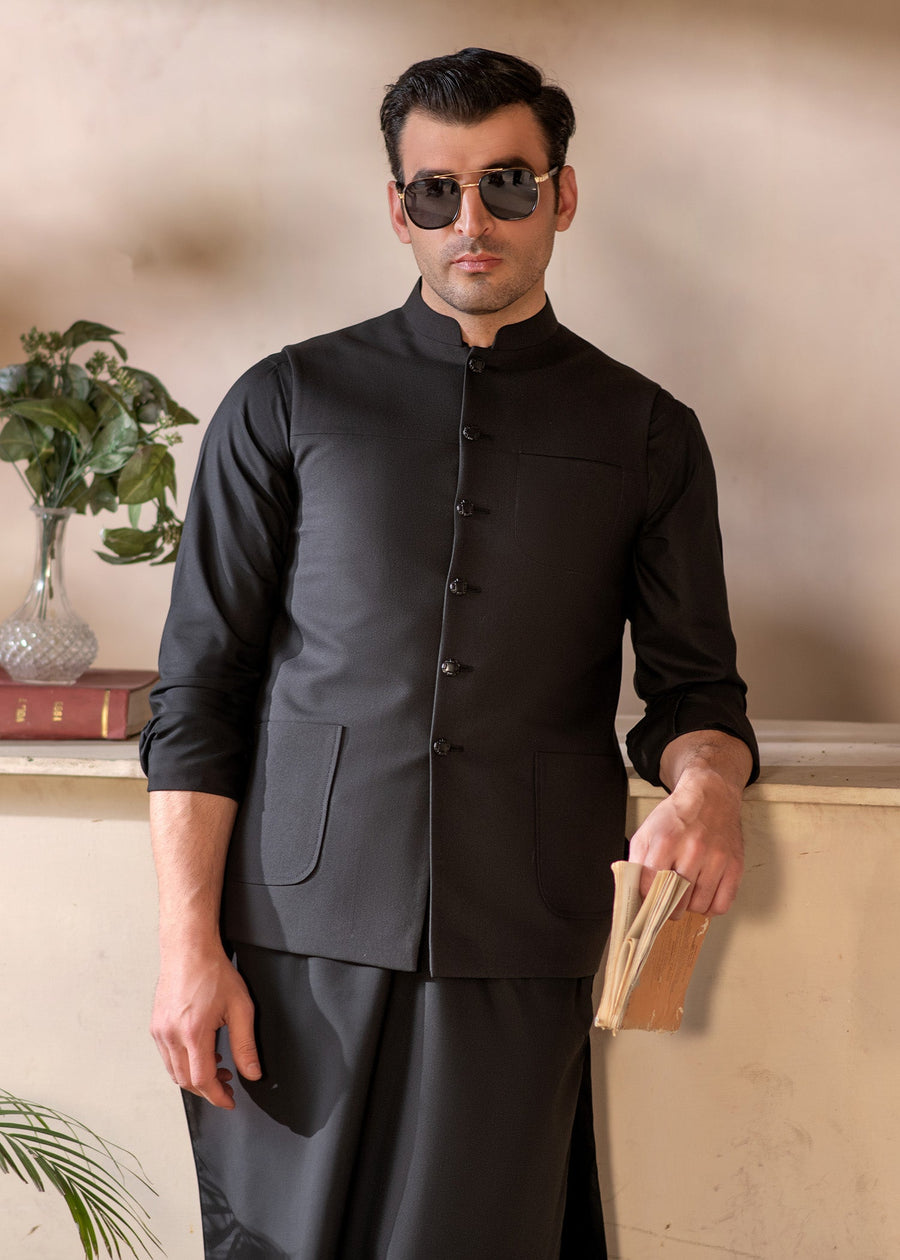 Premium Black Suiting Waistcoat Men's with two side patch pockets and one welt chest Bone pocket - Classic Fit Mandarin style