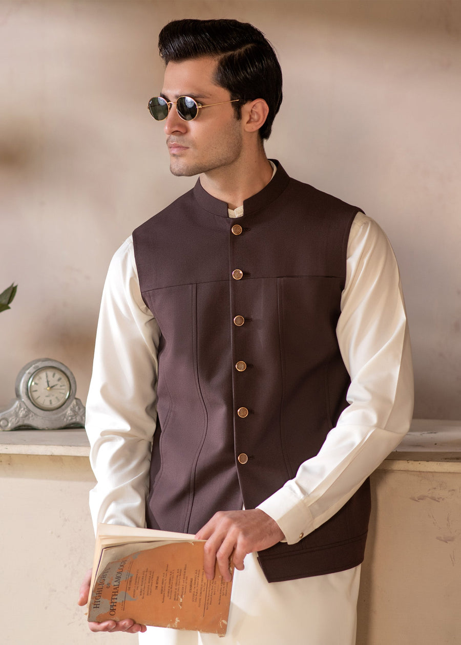Premium Suiting Waistcoat Men's with two clean, vertical-aligned side pockets integrated into the waistcoat's front paneling for a sleek - Classic Fit Mandarin style