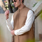 Men's Camel Brown Ethnic Waistcoat - Modern Zip Design with two side patch pockets and one welt chest Bone pocket - Classic Fit Mandarin style