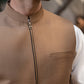 Men's Camel Brown Ethnic Waistcoat - Modern Zip Design with two side patch pockets and one welt chest Bone pocket - Classic Fit Mandarin style