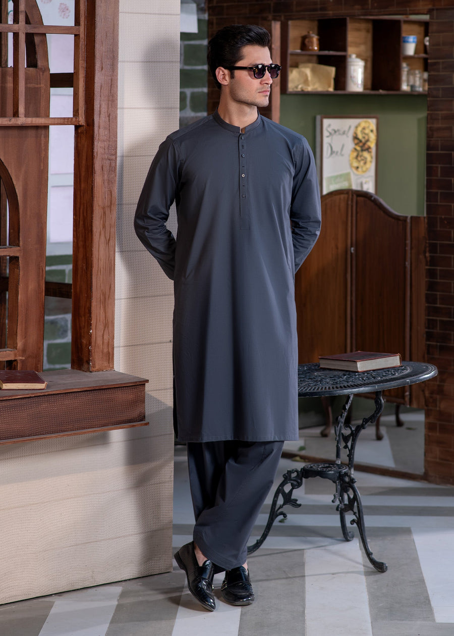 Grey Stitched Kameez Shalwar for Men - Modern Eastern Formal Wear