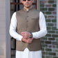 Premium Olive Green Suiting Waistcoat for Men with one welt chest pocket on the left side and two side bone (jetted) pockets - Classic Fit Mandarin style