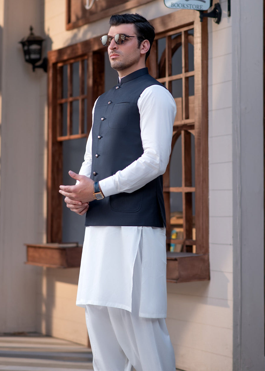Premium Navy Blue Suiting Waistcoat for Menwith one welt chest pocket on the left side and two side bone (jetted) pockets - Classic Fit Mandarin style