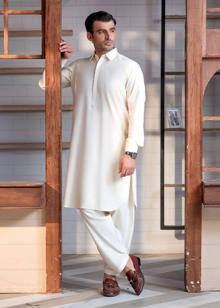 Cream Booski  Collar Plain - Kameez Shalwar - Men