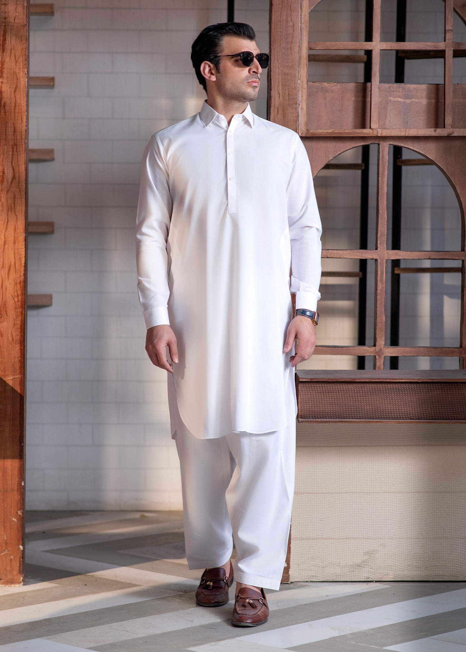 Off White Collar  - Kameez Shalwar - Men