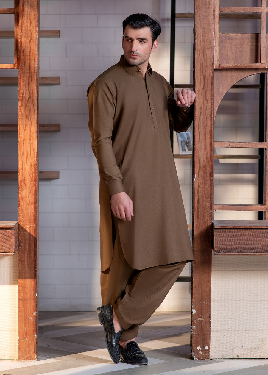 Camel Brown Collar Plain - Kameez Shalwar - Men