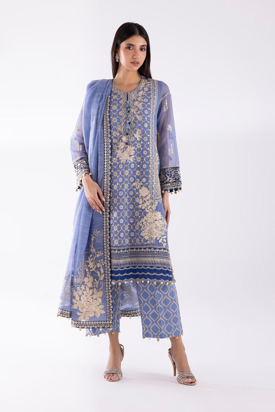 Stitched Signature Embroidered Cotton Net Suit