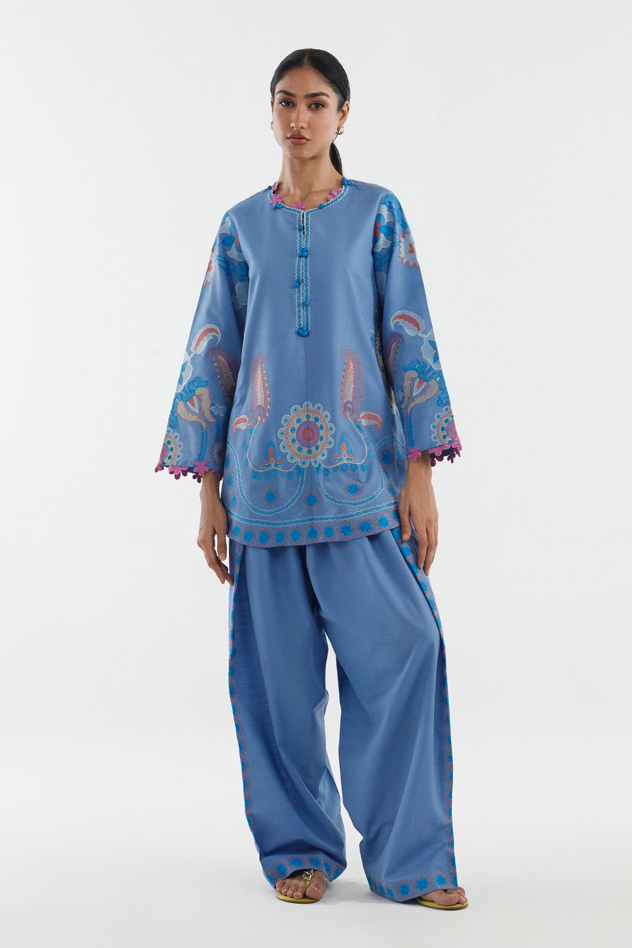 Stitched Embroidered Cotton Khaddar Shirt+ Shalwar