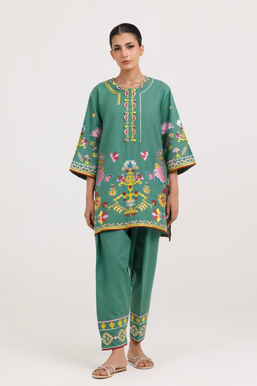 Stitched Embroidered Cotton Khaddar Shirt+ Shalwar