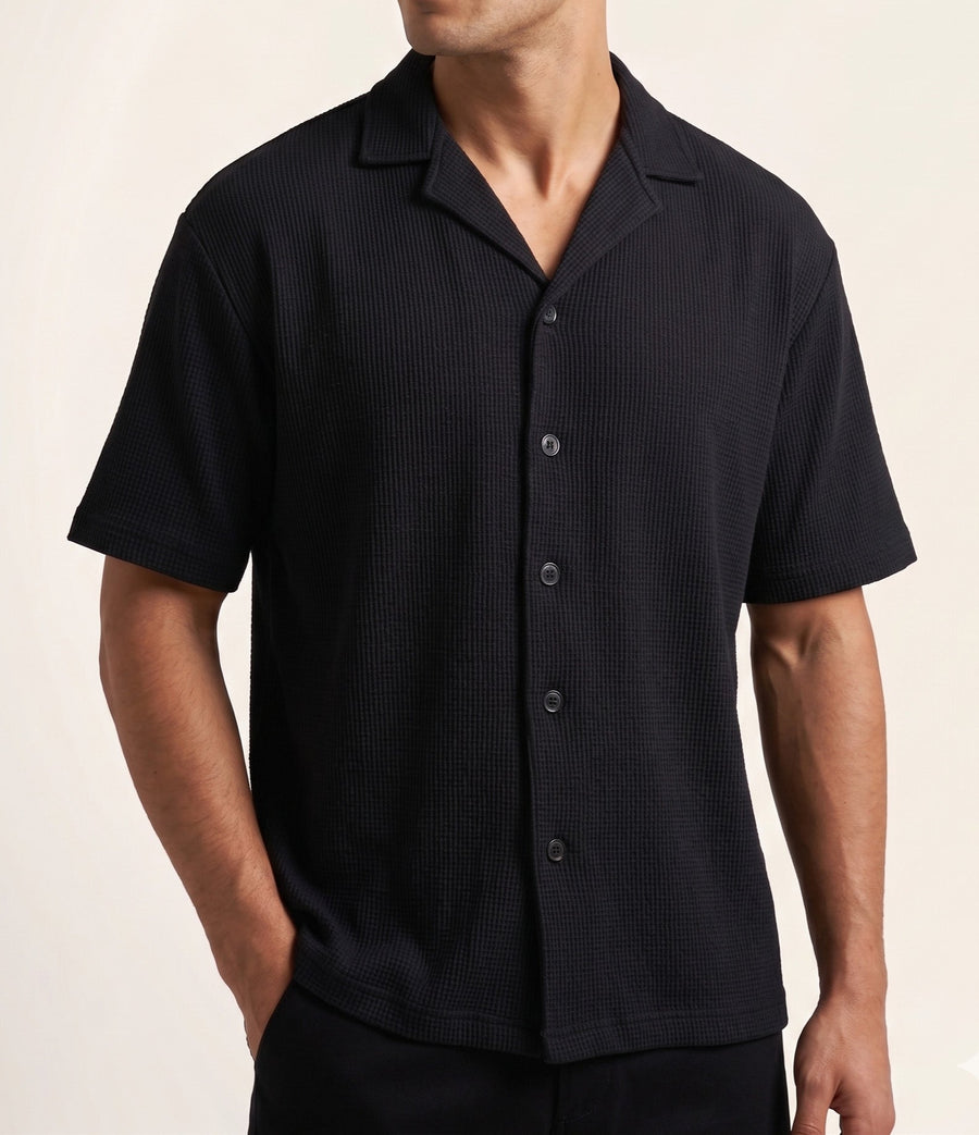 Black Waffle Boxy Revere Button Down - Men