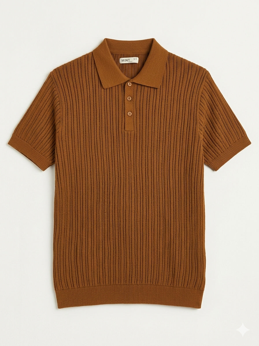 Caramel Heritage Boxy Rib Knit Polo