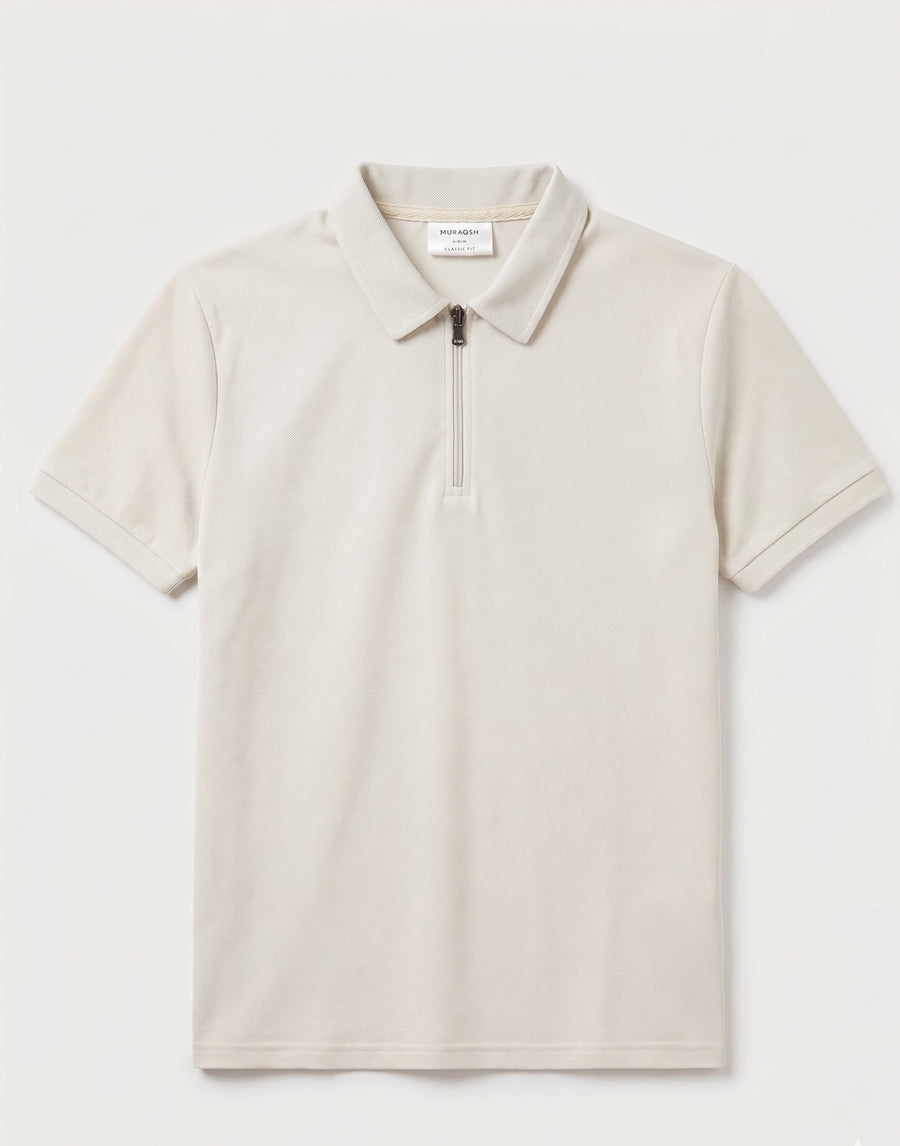 Off White Basic Zipper Polo - Smart Fit- Men