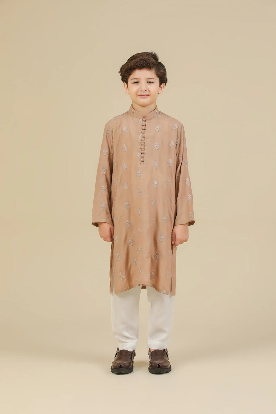 Mehrab - Sandstone Raw Silk Embroidered Kurta Trouser - Kids